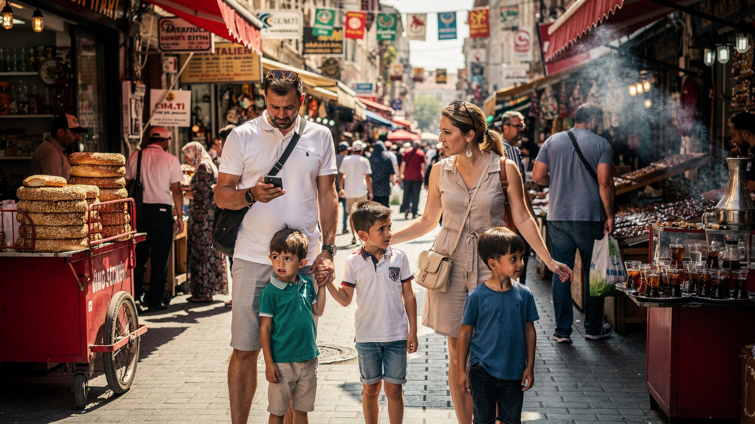 Een gezin, met vader, moeder en twee kinderen, staat in een drukke Turkse straat of markt. De vader houdt een kind bij de hand en kijkt naar een kaart op zijn telefoon, terwijl de moeder met een bezorgde blik om zich heen kijkt.