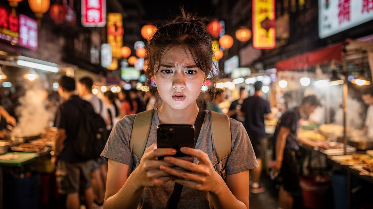 A traveler looking frustrated at her phone in a busy Asian night market.