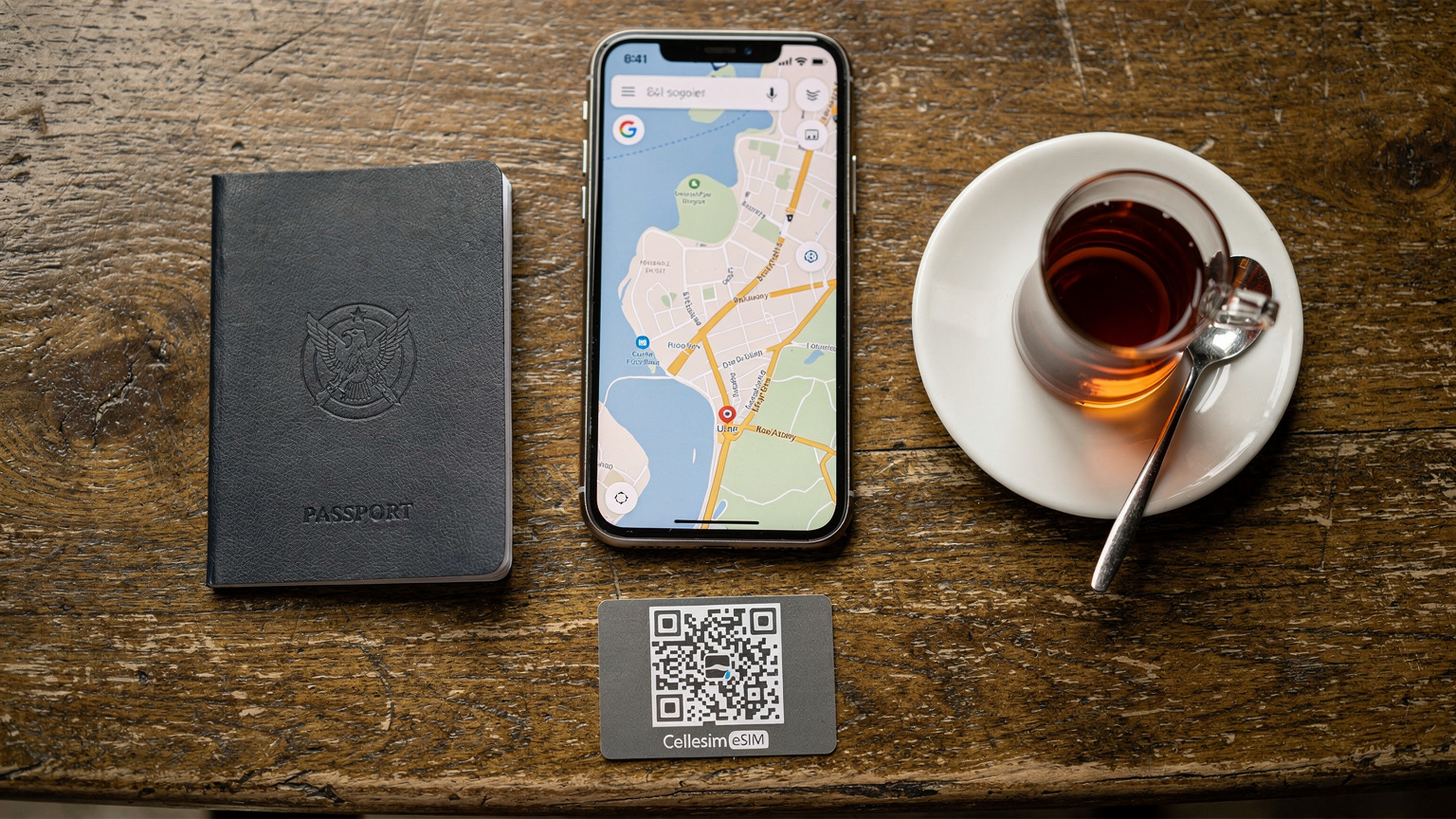 Overhead flat-lay of travel essentials: passport, smartphone, eSIM QR code, and Turkish tea.