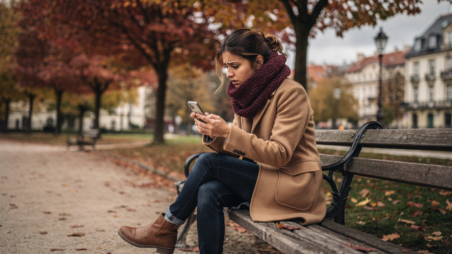 A traveler looking concerned at her smartphone while sitting on a park bench in Europe during autumn.