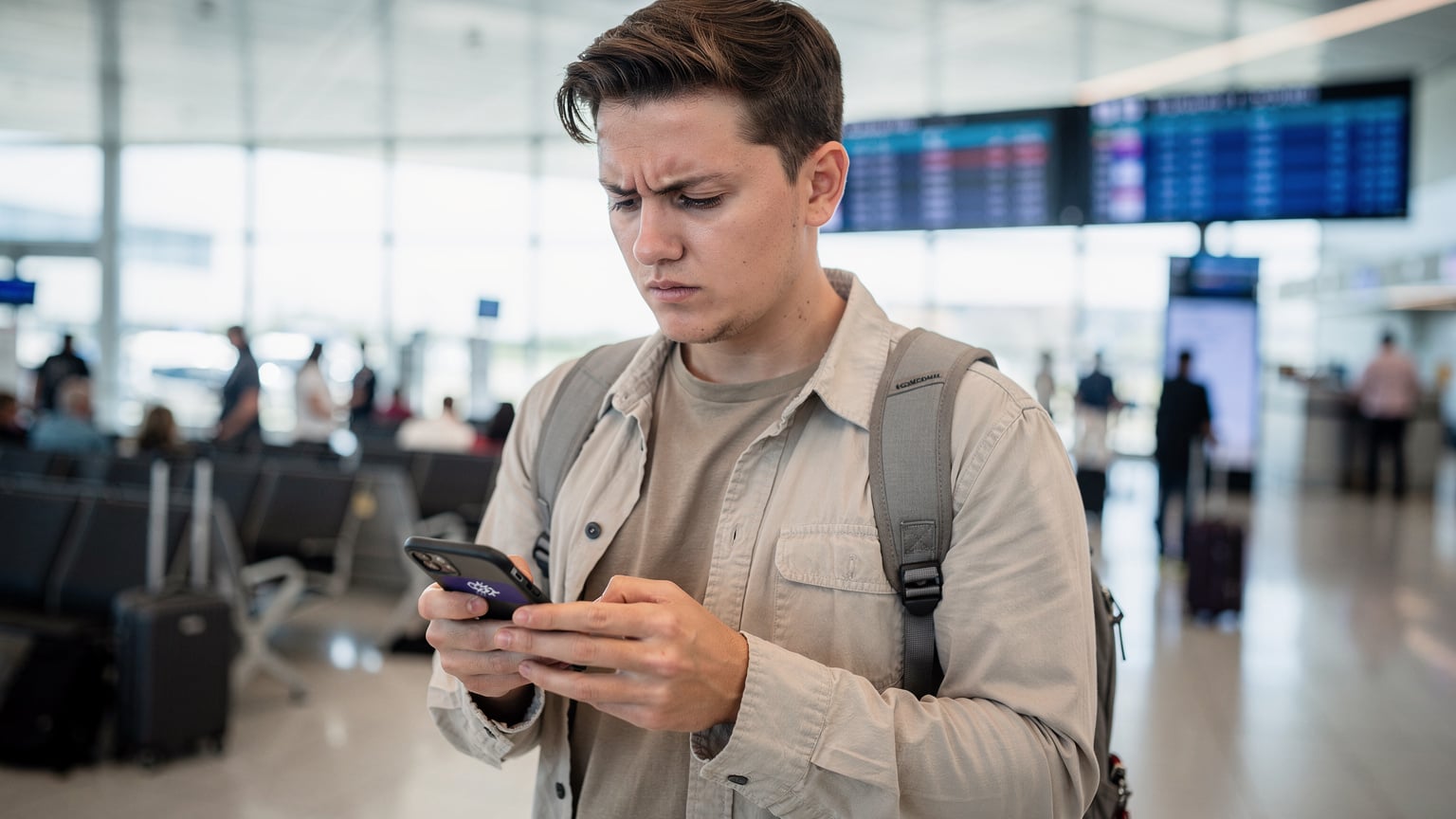 A traveler at a busy airport terminal looks stressed, holding their phone with a frustratingly slow loading screen, representing connectivity issues.