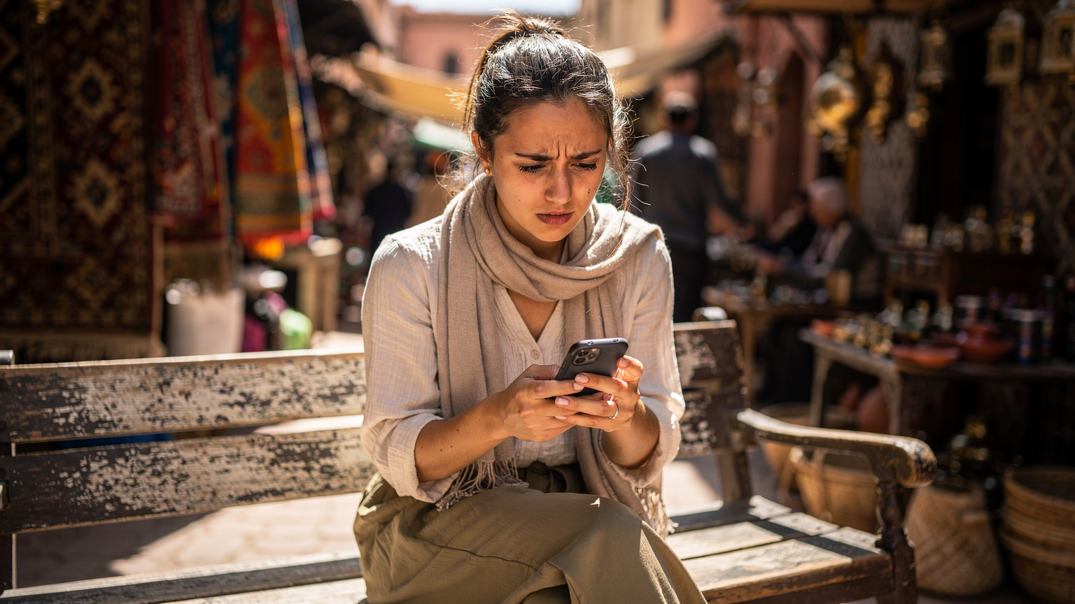 A female traveler looks with a worried expression at her smartphone, sitting on a wooden bench at a lively outdoor market in Marrakech, Morocco.