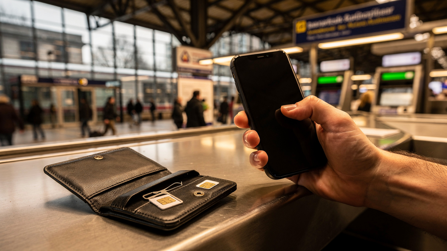 A hand holding a smartphone at a busy train station ticket counter in Berlin, with a physical SIM card and a tiny ejector tool visible, highlighting the hassle.