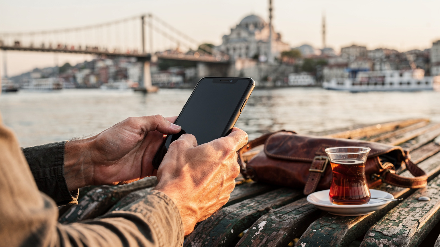 Mână apropiată a unei persoane care tastează pe un telefon mobil pe o bancă publică din Istanbul, cu o ceașcă de ceai turcesc și o geantă de călătorie lângă ei, pe fundalul Podului Galata.