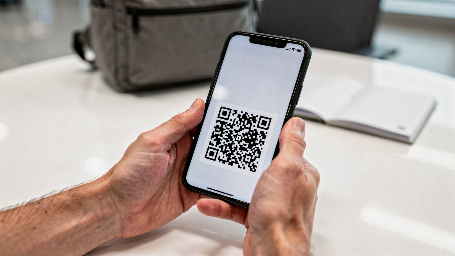 O persoană scanează un cod QR de pe un pliant cu telefonul mobil, pregătindu-se să activeze un eSIM, cu bagajele de călătorie și un pașaport deschis pe o masă de aeroport.
