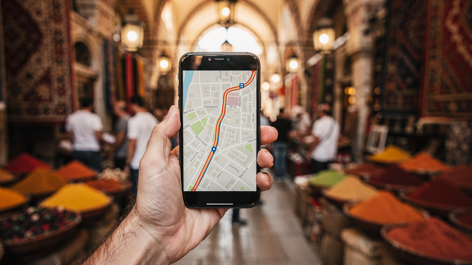 O persoană ține un telefon mobil cu o hartă digitală afișată, indicând o direcție spre un bazar turcesc aglomerat, cu oameni, textile și mirodenii în fundal.