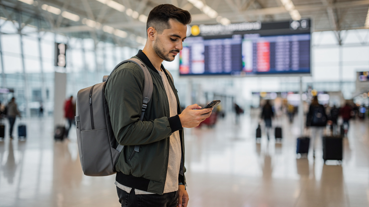Сучасний подорожуючий, що використовує смартфон із підтримкою eSIM у жвавому терміналі аеропорту Бориспіль.