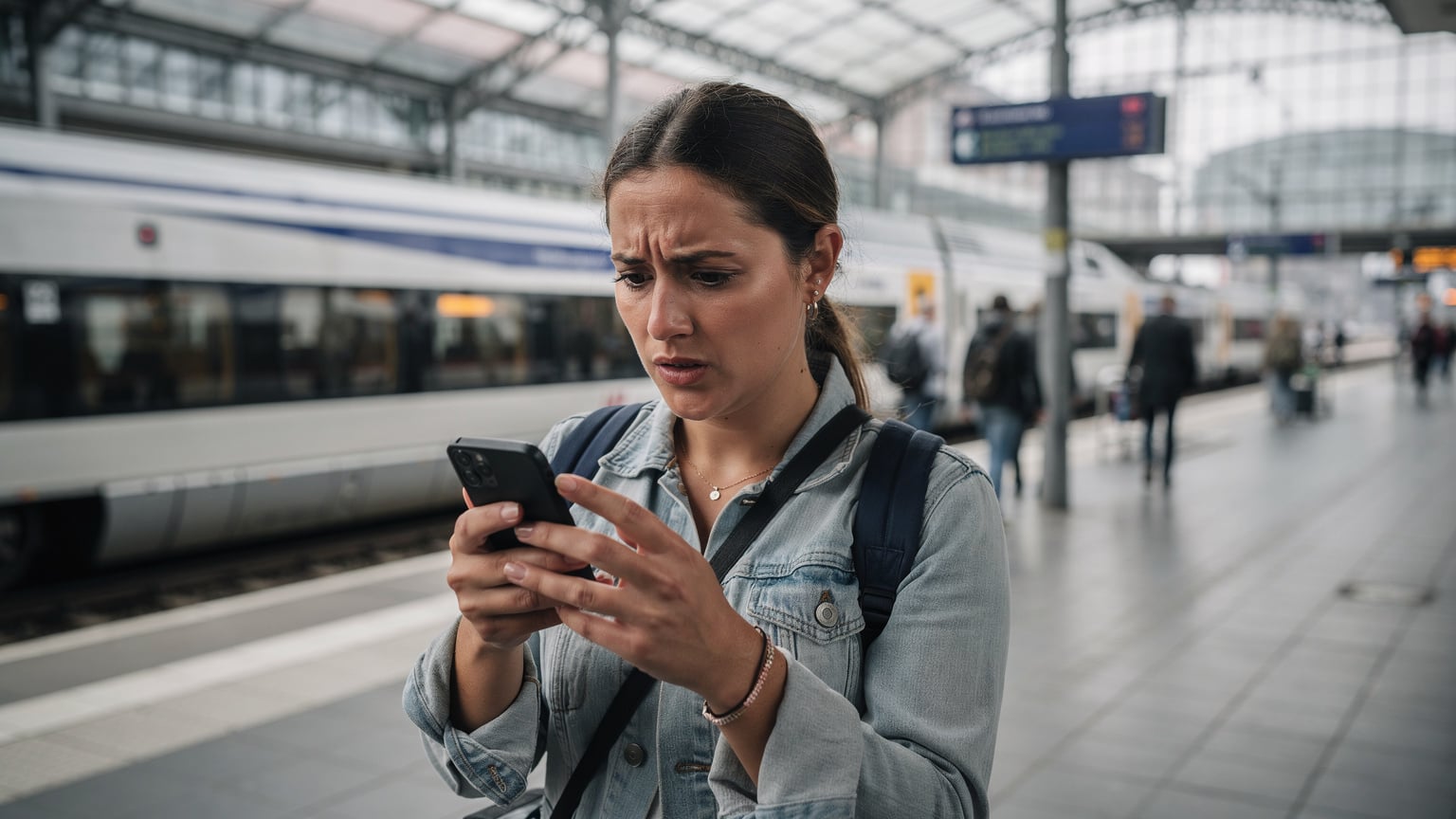A traveler looking frustratedly at their smartphone screen, implicitly showing a 'No Service' message, while standing at a train station in Europe.