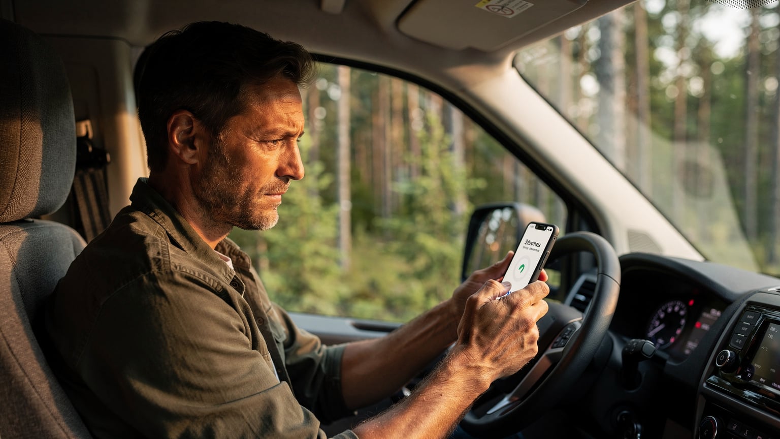Een reiziger controleert de signaalsterkte op een smartphone terwijl hij in een camper zit, omringd door dichte Scandinavische bossen.
