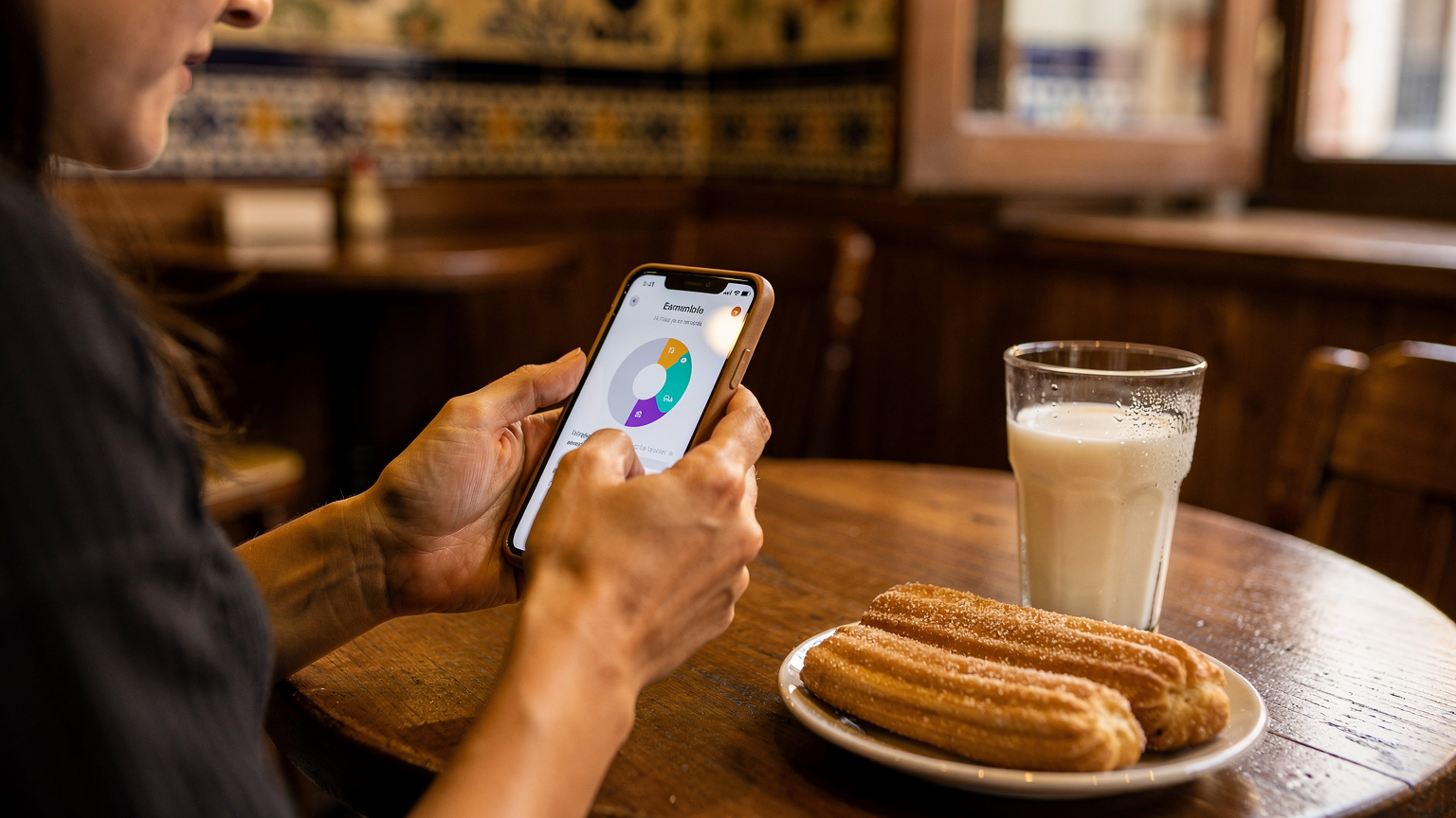 Un viajero consulta su teléfono, donde se muestra la pantalla de uso de datos, mientras está sentado en una cafetería con WiFi gratuito en el centro de Valencia, con una horchata en la mesa.