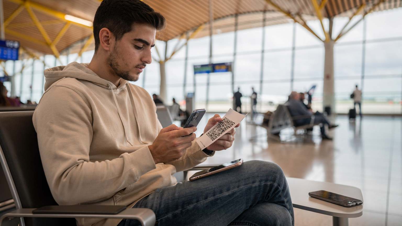 Un joven viajero en la sala de embarque del aeropuerto de Barajas, Madrid, usa el WiFi del aeropuerto para escanear el código QR de su eSIM en un segundo teléfono, asegurándose la conectividad antes de volar.