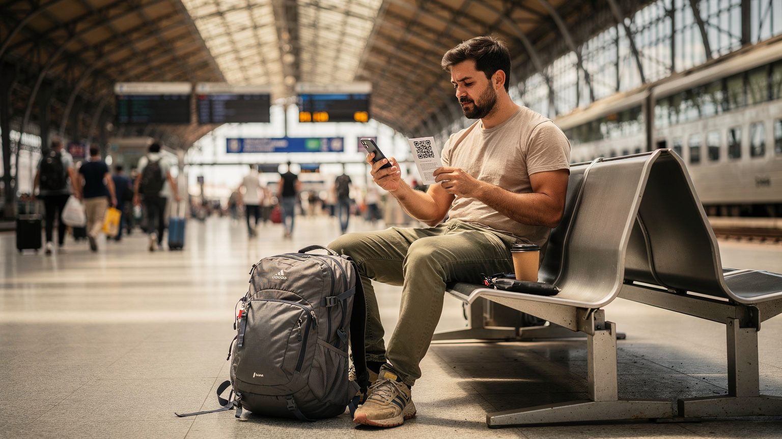Un viajero activa su eSIM escaneando un código QR en su móvil, sentado en una concurrida estación de tren en España, con su mochila a los pies y una taza de café.