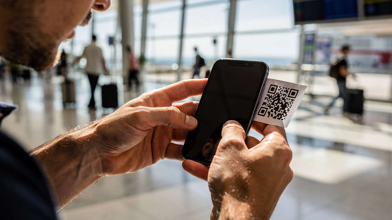Ruky mladého muža držia smartfón a skenujú QR kód pre aktiváciu eSIM, s rozmazaným pozadím letiskovej haly v Palerme. Dôraz na interakciu s telefónom, nie na UI.