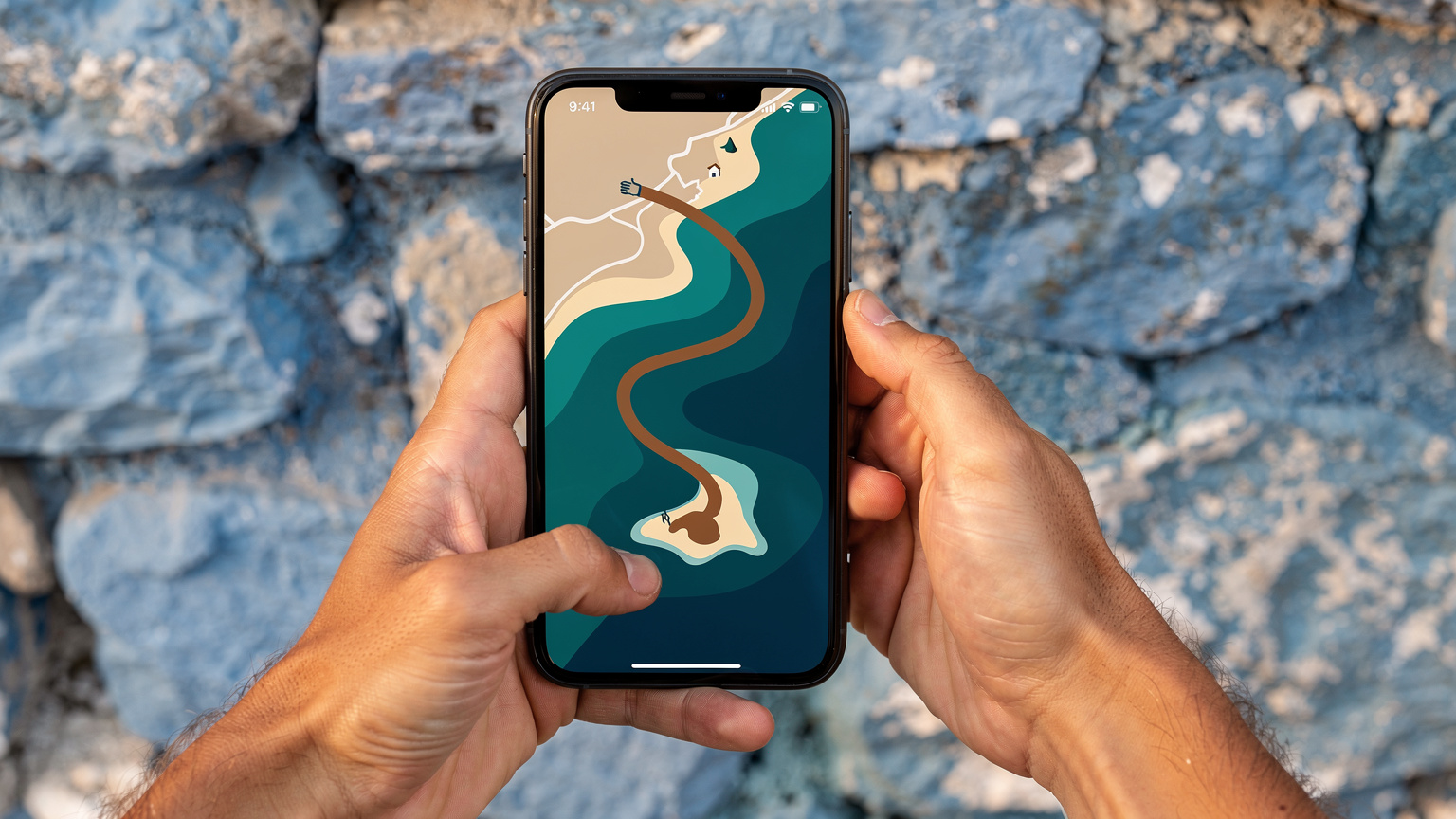 Χέρια κρατούν ένα smartphone που δείχνει ένα χάρτη με τη διαδρομή προς μια παραλία της Κεφαλλονιάς, με φόντο έναν παραδοσιακό ελληνικό τοίχο.
