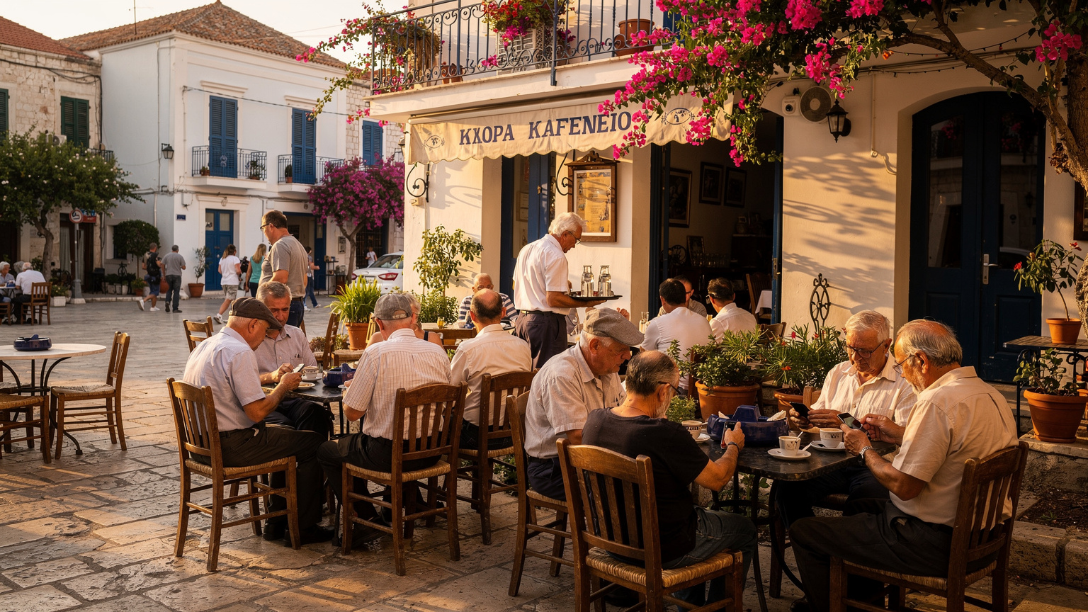 Ένα παραδοσιακό ελληνικό καφενείο στην πλατεία Βαλλιάνου στο Αργοστόλι, με ανθρώπους να απολαμβάνουν τον καφέ τους και να χρησιμοποιούν τα κινητά τους.