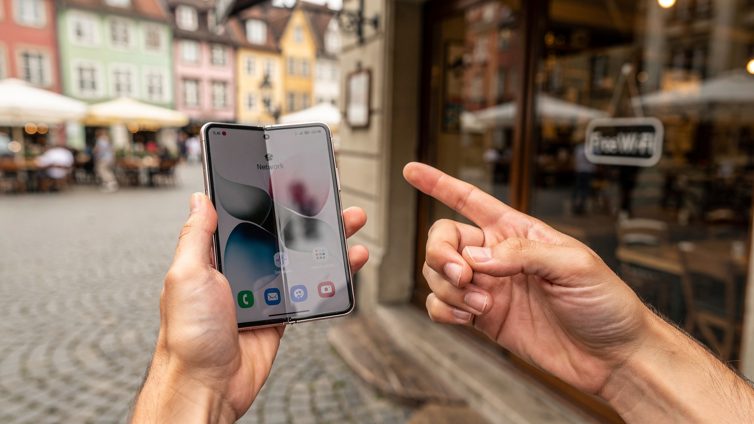A close-up of a traveler's hands, one holding a Samsung Galaxy Z Fold 6 unfolded, displaying network settings, while the other hand gestures to a local cafe's 'Free Wi-Fi' sign in a bustling European street scene.