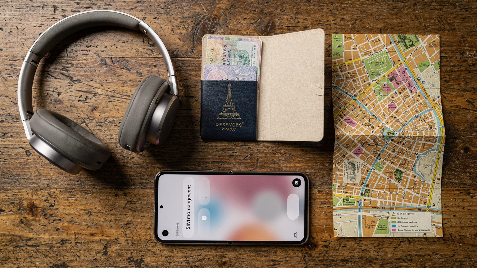 An overhead flat lay of travel essentials: a passport, noise-canceling headphones, a physical map of a city, and a new Samsung Galaxy Z Flip 6 displaying its eSIM management screen, all set on a rustic wooden table.
