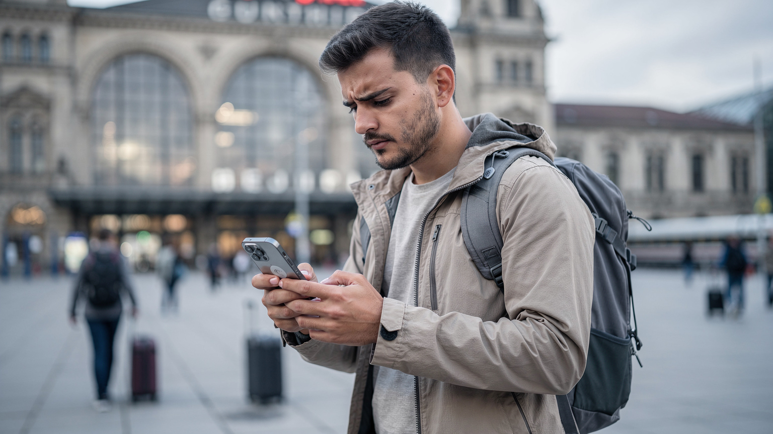 A frustrated traveler, a young man with a backpack, looking intently at his iPhone 18 screen with a low signal icon, while standing outside a train station in Munich, Germany, during an overcast afternoon.