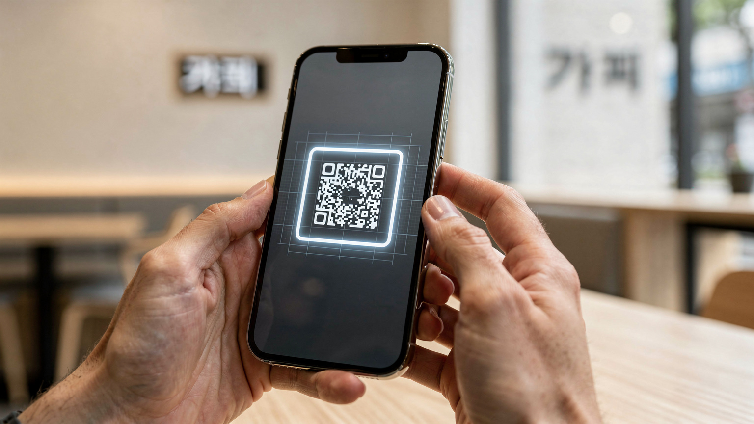 A traveler meticulously scanning an eSIM QR code on their iPhone 18 screen inside a well-lit cafe in Seoul, ensuring a smooth connection before exploring the city.