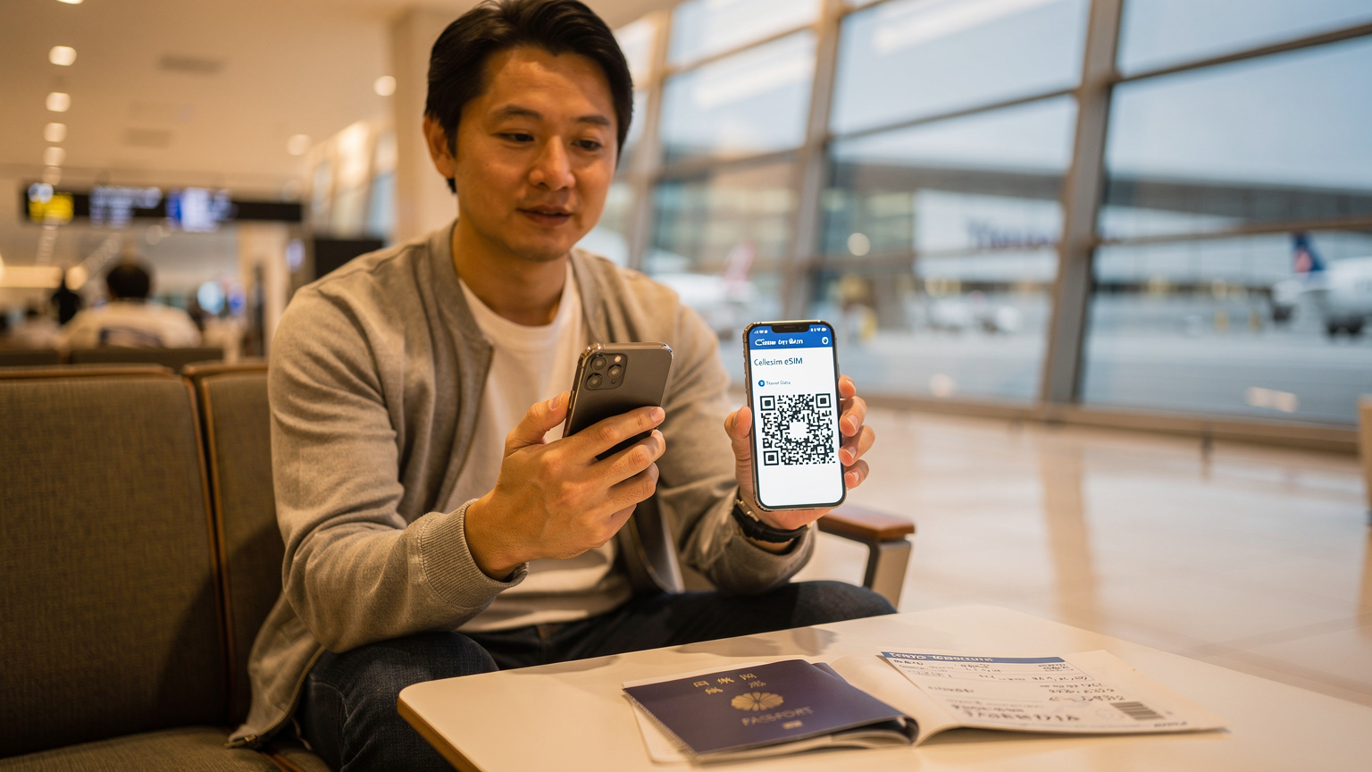 日本の空港の出発ロビーで、搭乗を待つ間にiPhoneでCellesimのeSIMのQRコードをスキャンしている日本人旅行者。手元にパスポートと搭乗券が見える。