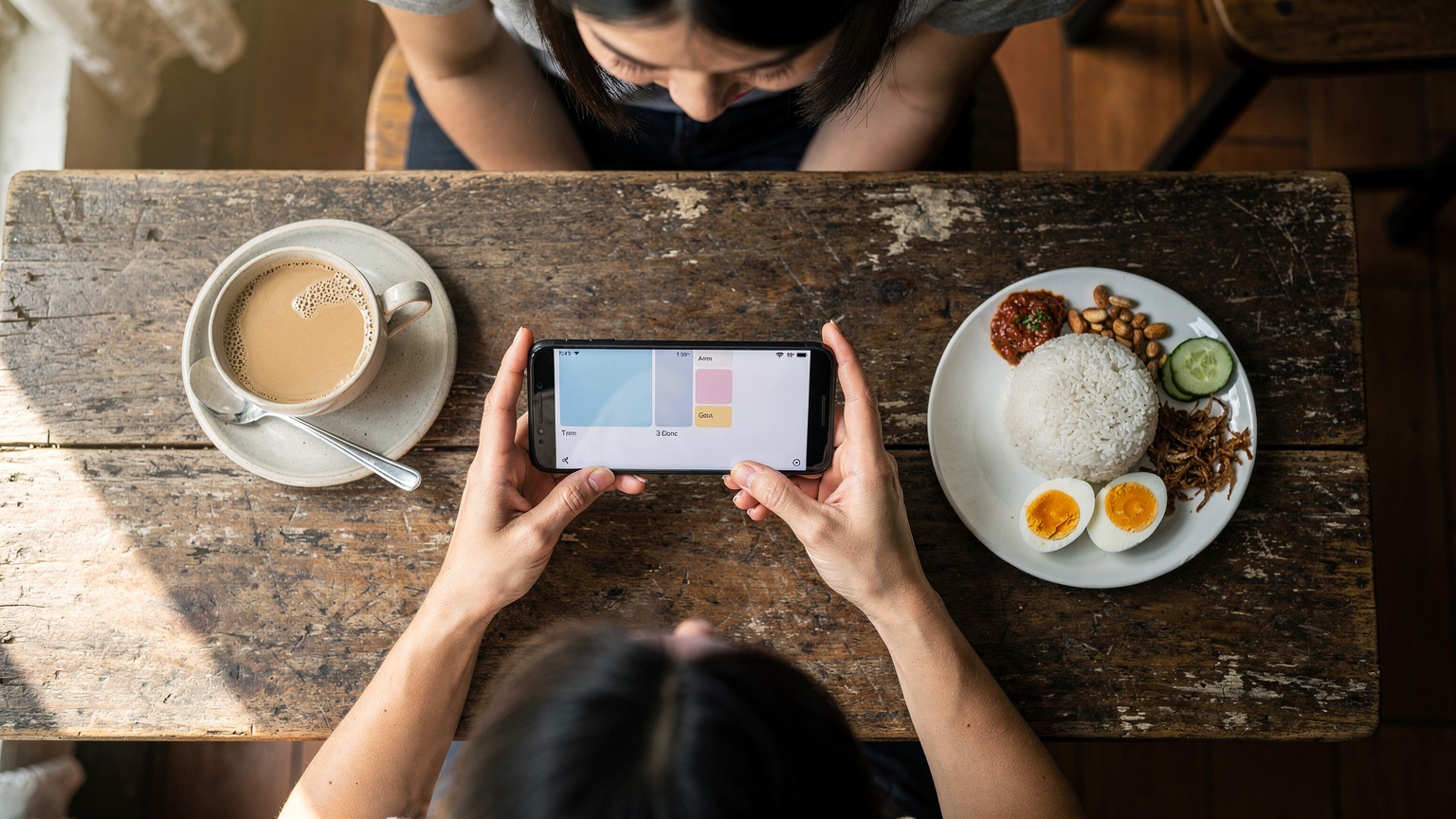 旅先のカフェで、スマートフォンを操作しCellesimアプリでデータ残量を確認する日本人旅行者。手元にはマレーシアのホワイトコーヒーとナシレマが見える。