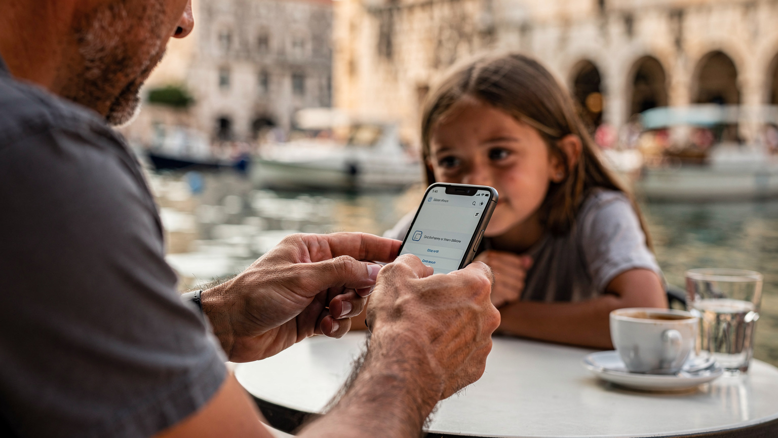 Nahaufnahme der Hände eines Vaters, der auf einem Smartphone eine eSIM aktiviert, während seine Tochter im Hintergrund gespannt auf den Bildschirm schaut. Sie sitzen entspannt an einem Tisch in einem Café in Split, Kroatien, mit Blick auf den Hafen.