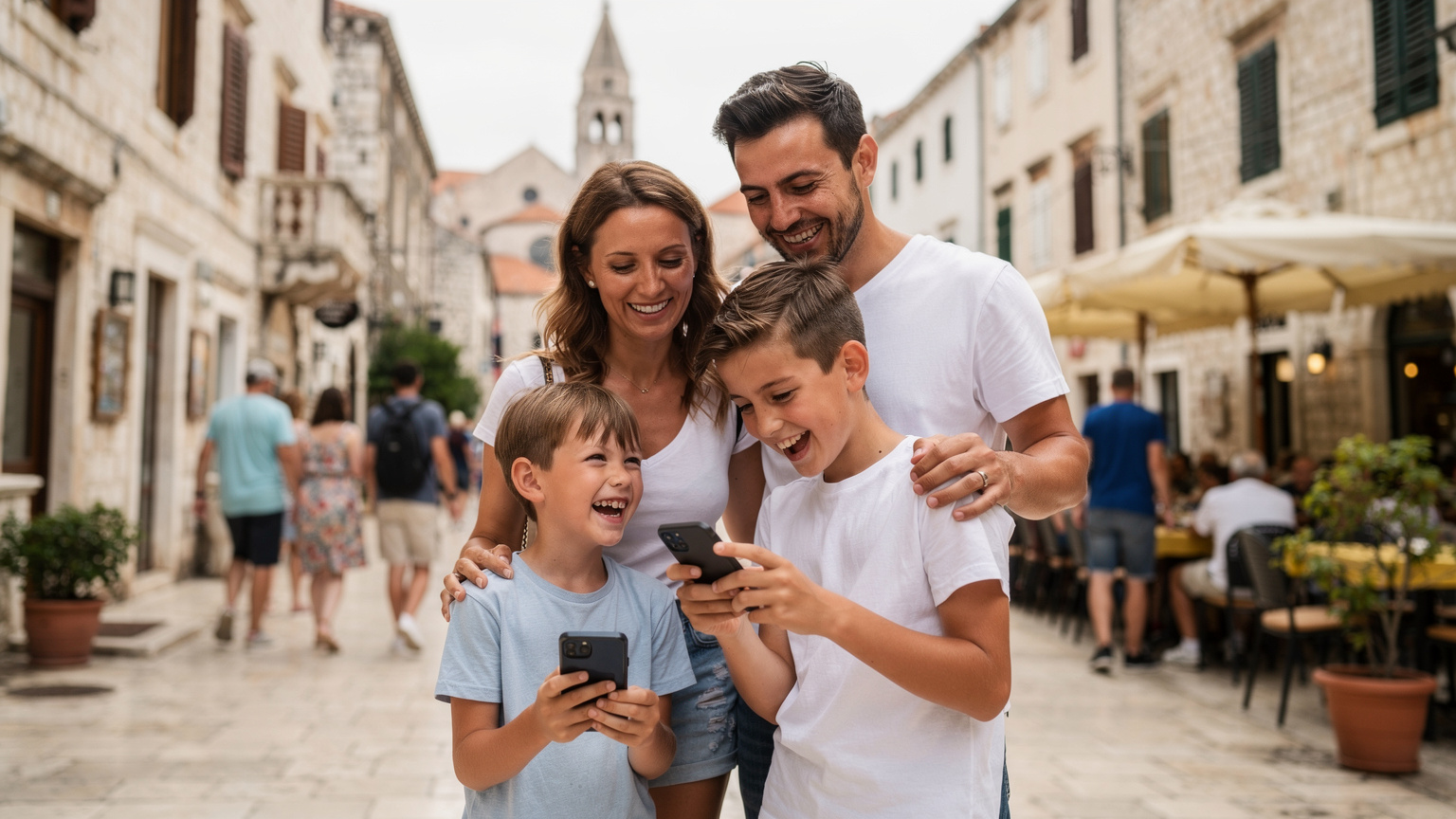 Eine junge Familie, Eltern und zwei Kinder, genießen ein Eis in einer lebhaften Fußgängerzone in Split, Kroatien. Im Hintergrund sind historische Gebäude und ein Glockenturm zu sehen, während die Kinder ihre Smartphones in den Händen halten und lachend auf etwas zeigen.