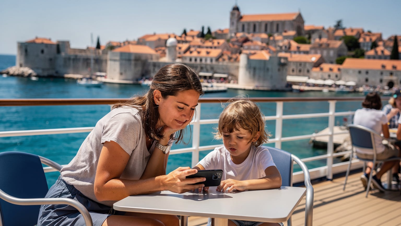 Eine Mutter und ihr Kind sitzen an Deck eines Kreuzfahrtschiffes, während das Schiff in einen malerischen Hafen in Kroatien einfährt. Sie nutzen ein Smartphone, um ihre eSIM-Verbindung zu überprüfen und die nächsten Schritte in der Stadt zu planen.