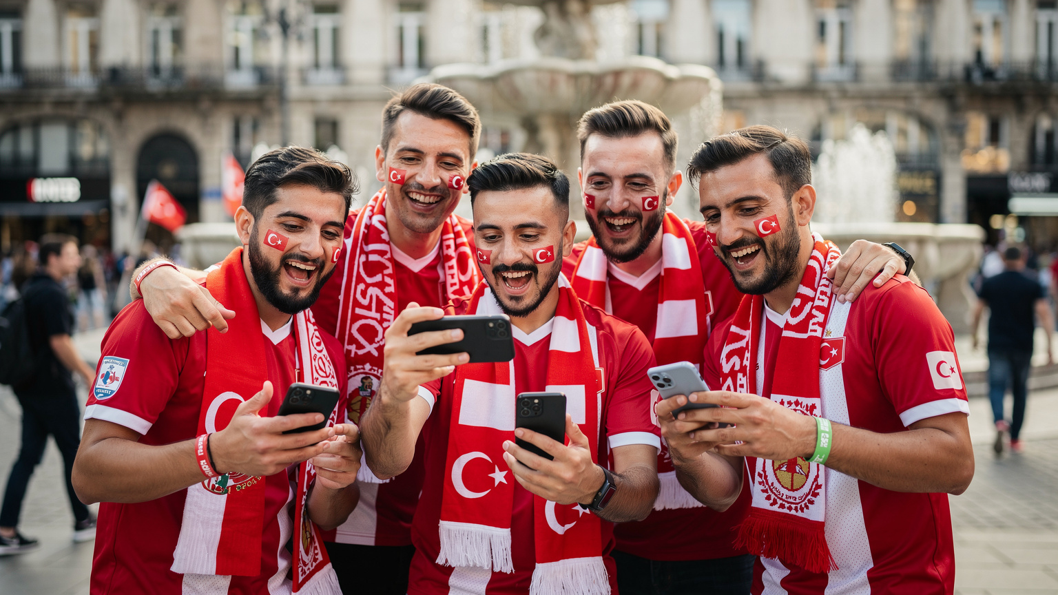 Avrupa'da bir meydanda toplanmış Türk taraftarlar, telefonlarıyla maç öncesi keyifli anları paylaşıyor ve anında internet erişiminin rahatlığını yaşıyor.