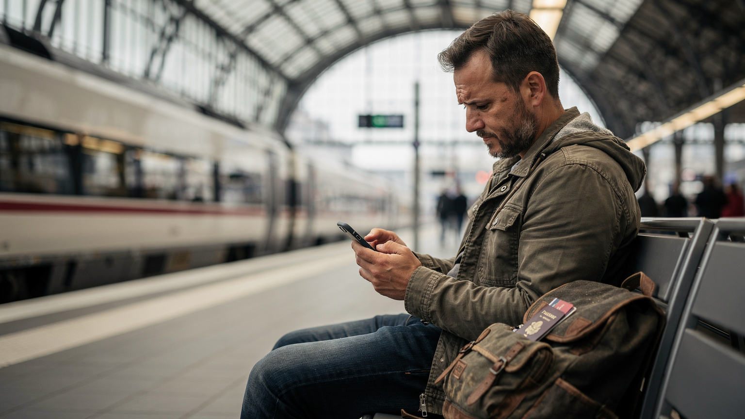 Yorgun bir gezgin, Almanya'da bir tren istasyonunda peronda oturmuş, valizinin üzerinde telefonuna bakarken, eSIM kurulumuyla ilgili küçük bir sorun yaşıyor gibi görünüyor, ancak arka planda hareketli bir tren istasyonu var.
