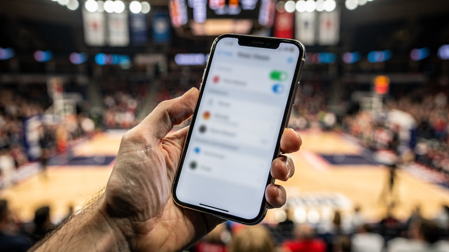 Ένα χέρι κρατάει ένα smartphone, δείχνοντας τις ρυθμίσεις δικτύου, με θολό φόντο ένα γήπεδο μπάσκετ γεμάτο φιλάθλους, υποδηλώνοντας την ανάγκη για σύνδεση κατά τη διάρκεια ενός αγώνα.