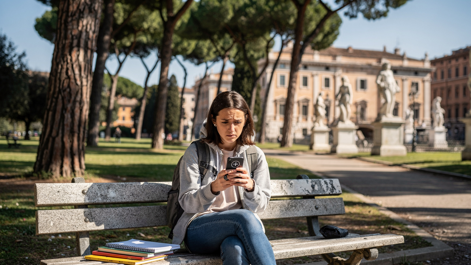 Studentka siedząca na ławce w parku na kampusie w Rzymie, próbująca bezskutecznie połączyć się z internetem na smartfonie, z lekko zaniepokojoną miną.