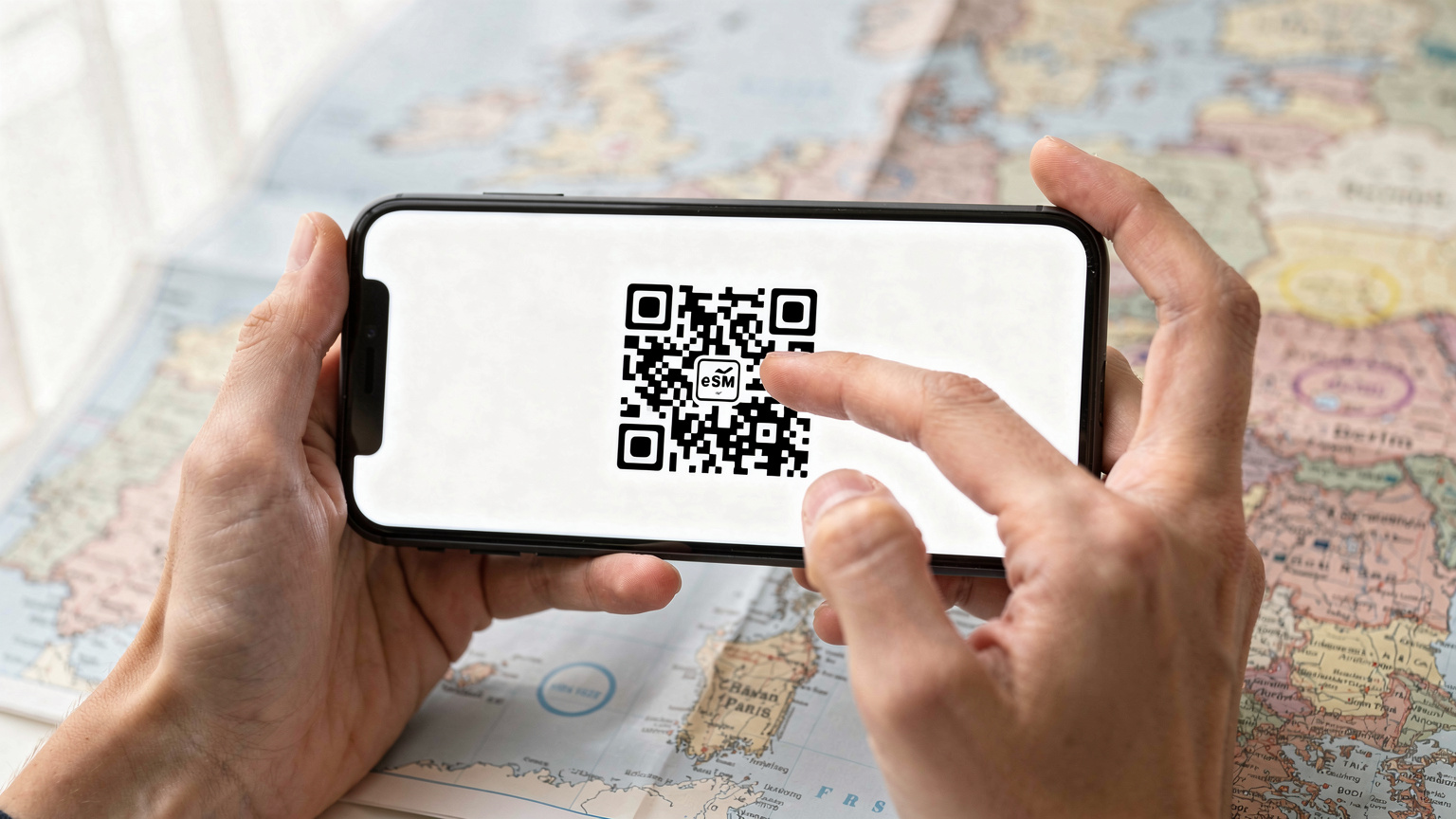Zbliżenie na dłonie studenta trzymającego smartfona, na którym wyświetla się kod QR do aktywacji eSIM, w tle rozmazana mapa Europy.