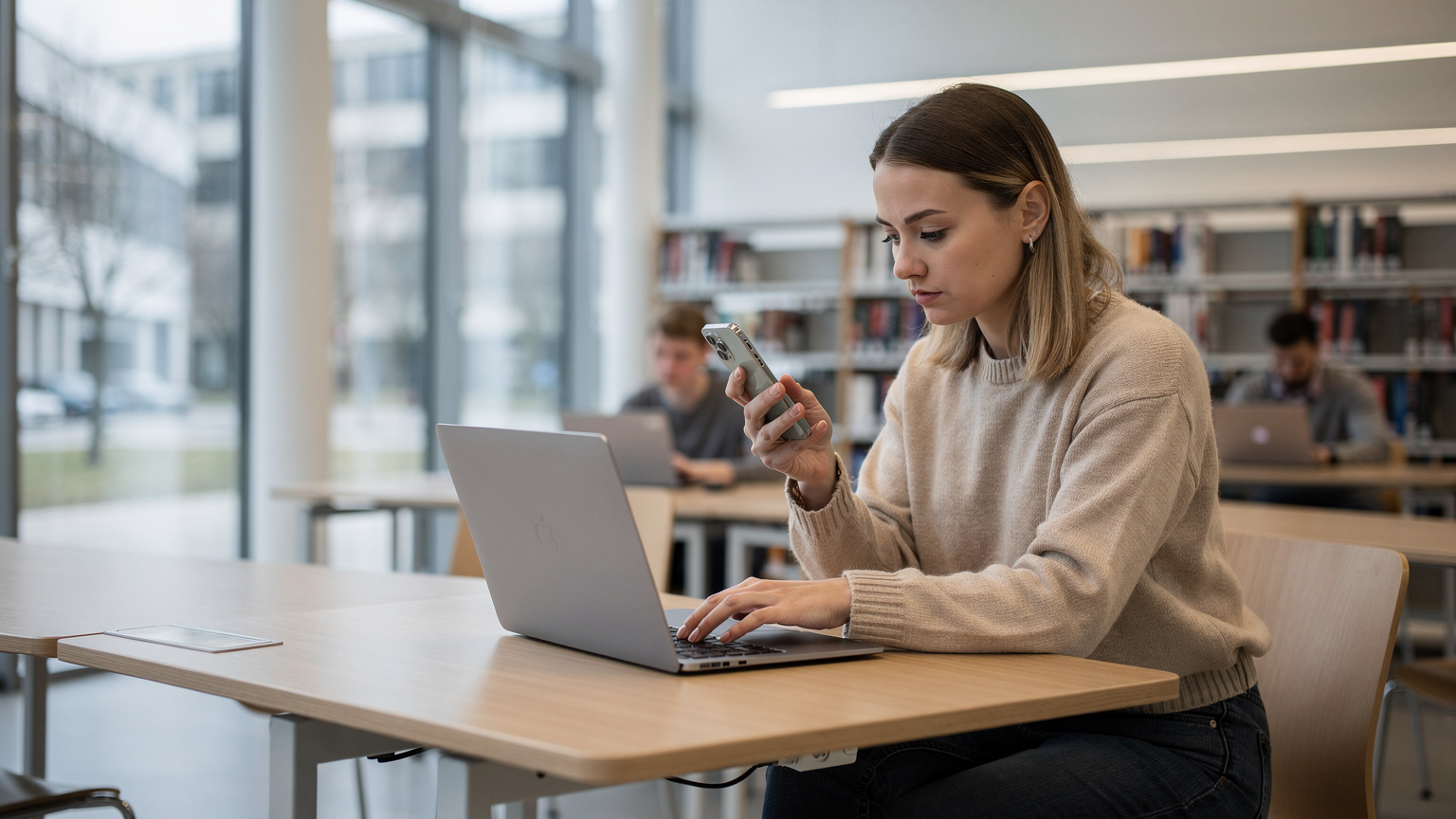 Studentka z laptopem i smartfonem, siedząca w nowoczesnej bibliotece uniwersyteckiej w Berlinie, porównująca plany eSIM na ekranie.