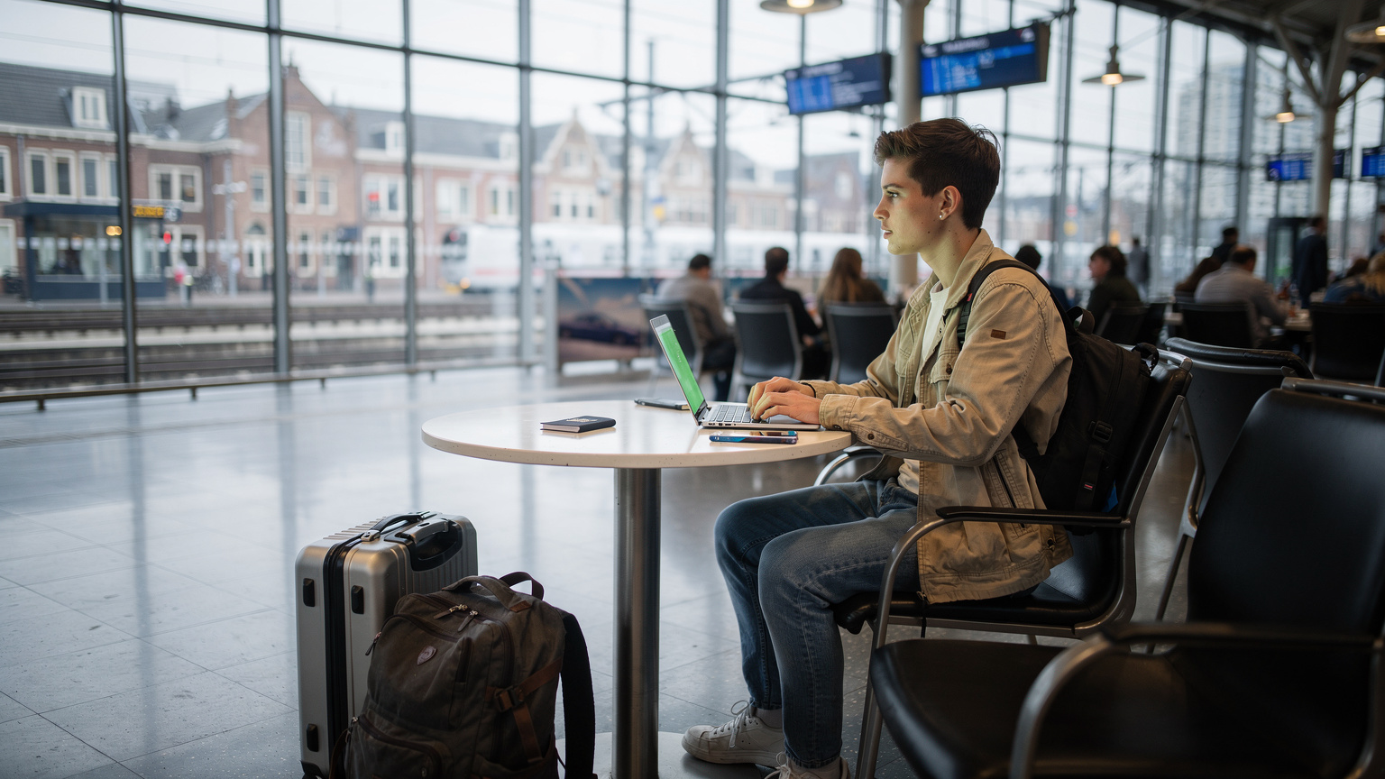 Studentka na dworcu kolejowym w Amsterdamie, czekająca na pociąg, z paszportem, laptopem i telefonem na stoliku, otoczona bagażami.