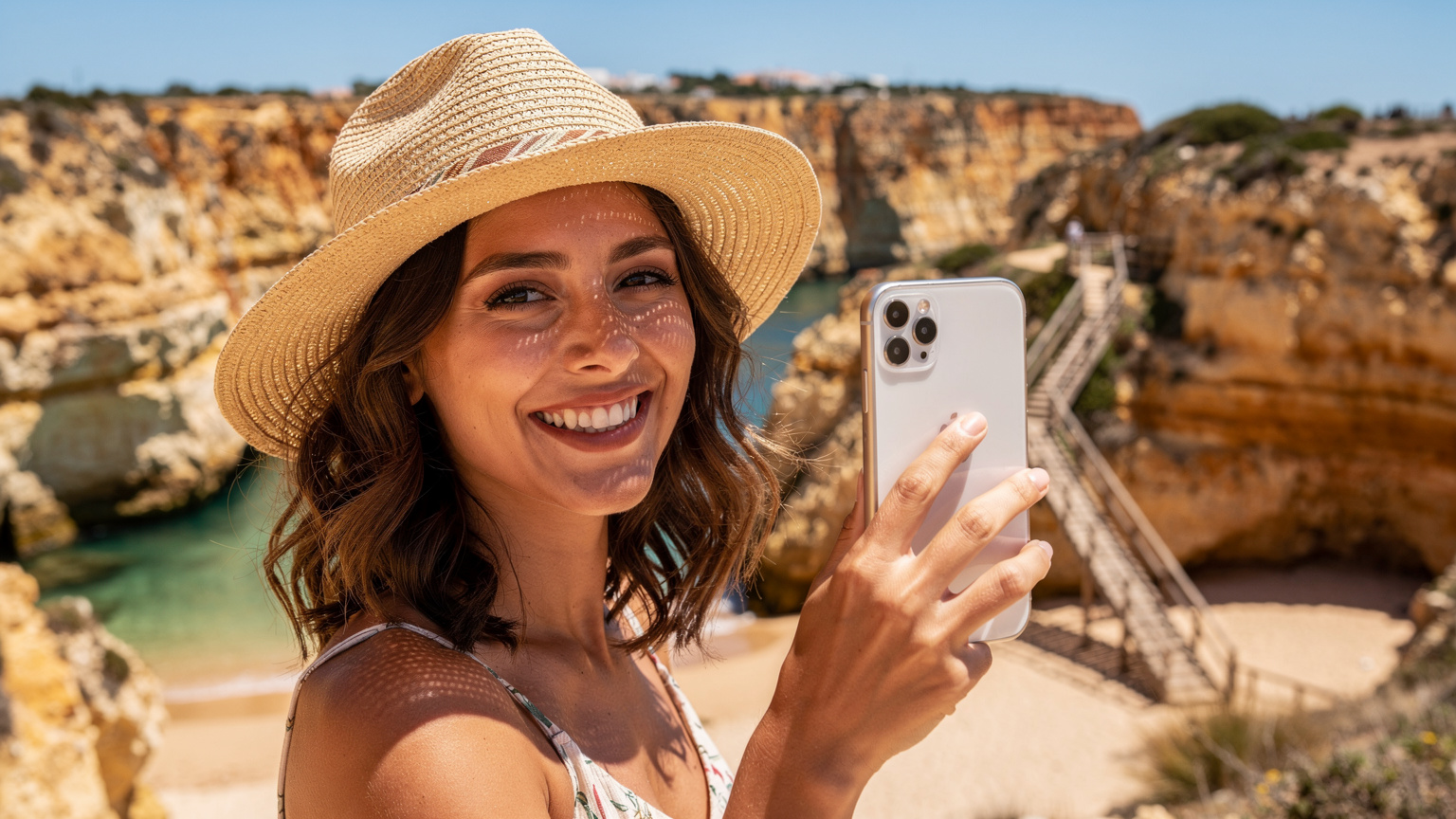 Uma mulher com um chapéu de palha sorri enquanto segura um iPhone 18 na praia do Camilo, em Lagos, no Algarve, com as famosas falésias douradas ao fundo.