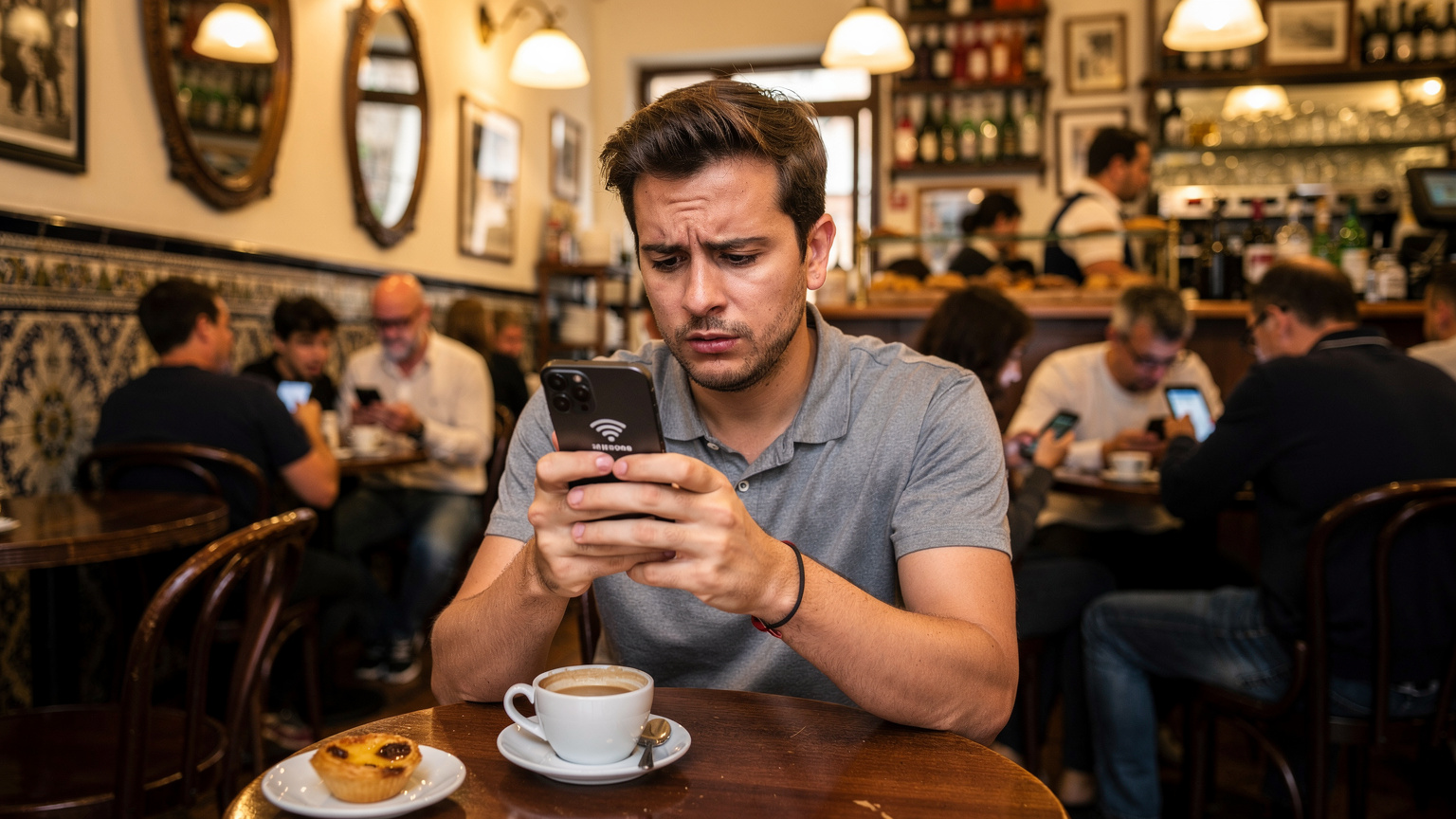 Uma pessoa visivelmente frustrada tenta conectar seu iPhone 18 em um café lotado perto da estação do Rossio, em Lisboa, com várias outras pessoas em segundo plano usando seus próprios celulares, indicando uma sobrecarga de rede.