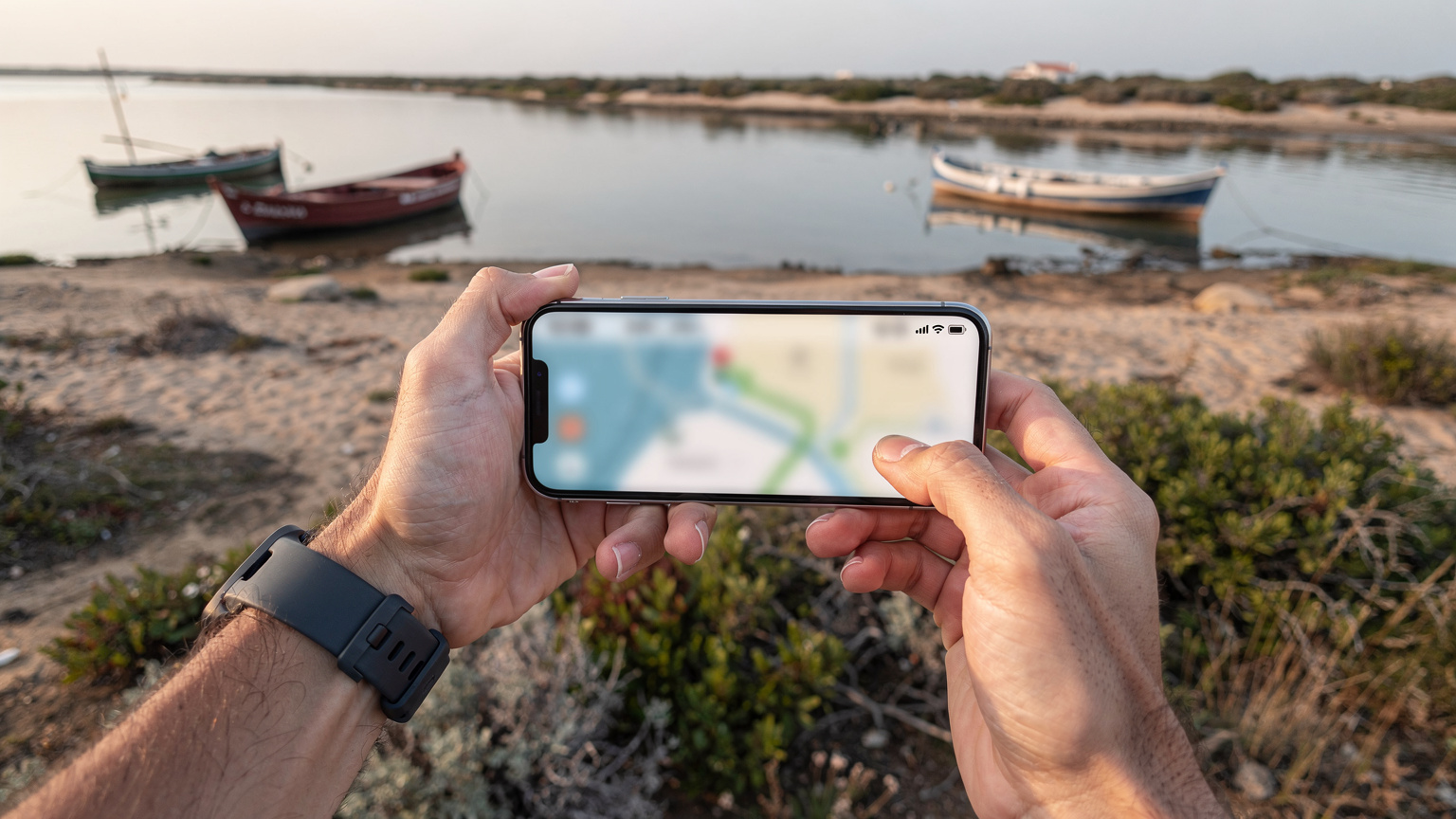 As mãos de um homem com um relógio esportivo interagem com um iPhone 18 mostrando um mapa de trilhas no Parque Natural da Ria Formosa, com as águas calmas e barcos de pescadores ao fundo.