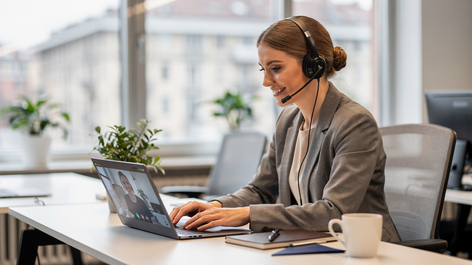 Un membro del servizio clienti Cellesim, con un auricolare, sorride mentre aiuta un cliente su un laptop in un ufficio moderno e luminoso, simboleggiando un'assistenza clienti affidabile e amichevole.