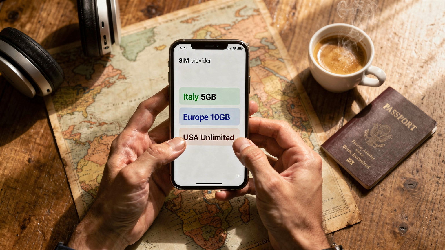 Un primo piano di mani che tengono uno smartphone, la cui schermata mostra una selezione di piani dati eSIM per varie nazioni, poggiato su un tavolo con una mappa del mondo e una tazza di caffè.