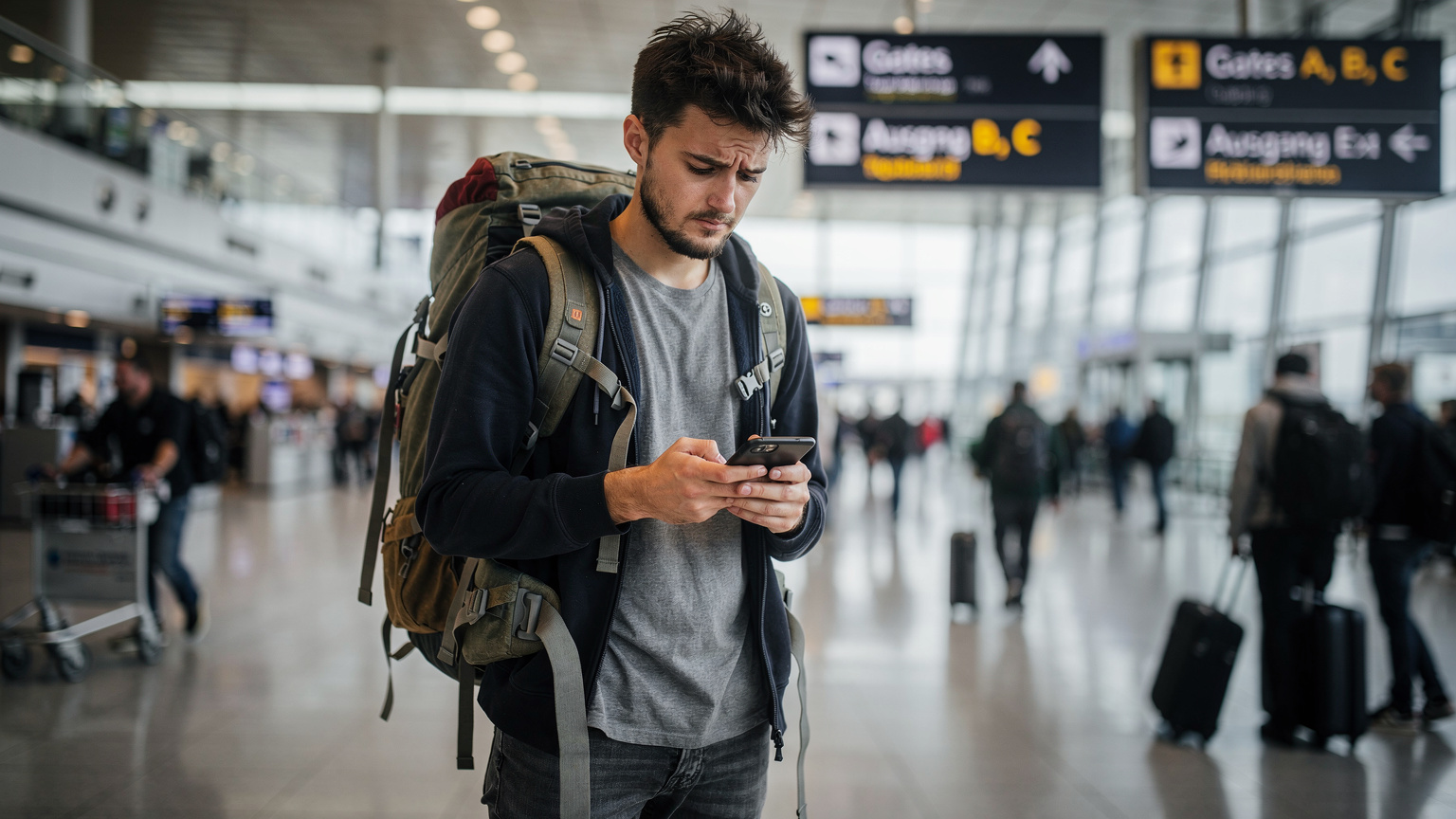 Un giovane viaggiatore con uno zaino pesante guarda perplesso il suo telefono all'aeroporto di Francoforte, circondato da cartelli multilingue che indicano i gate e le uscite.