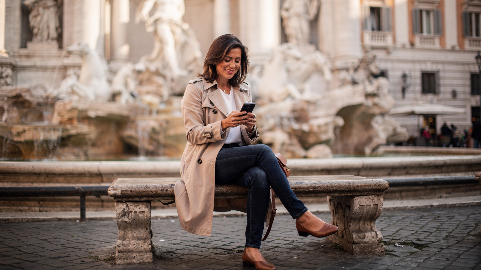 Una donna italiana sorride mentre controlla il suo smartphone in Piazza Navona, Roma, con la Fontana dei Quattro Fiumi e l'architettura barocca come sfondo.