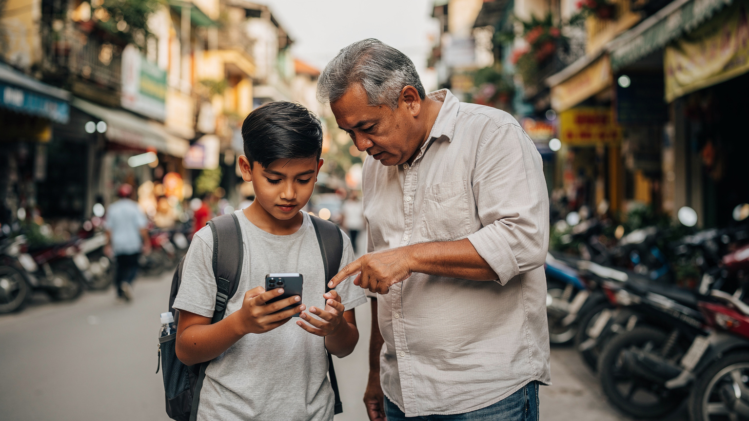 Seorang bapa Malaysia sedang membantu anaknya mengaktifkan eSIM di telefon pintar mereka, dengan latar belakang pemandangan bandar Hanoi yang sibuk.