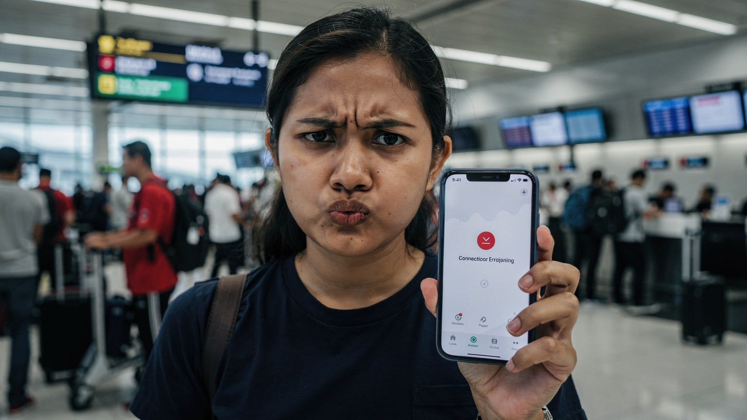 Seorang pelancong kelihatan kecewa memegang telefon pintar yang tiada isyarat di kaunter lapangan terbang yang sibuk, menunjukkan masalah sambungan data yang biasa dihadapi.