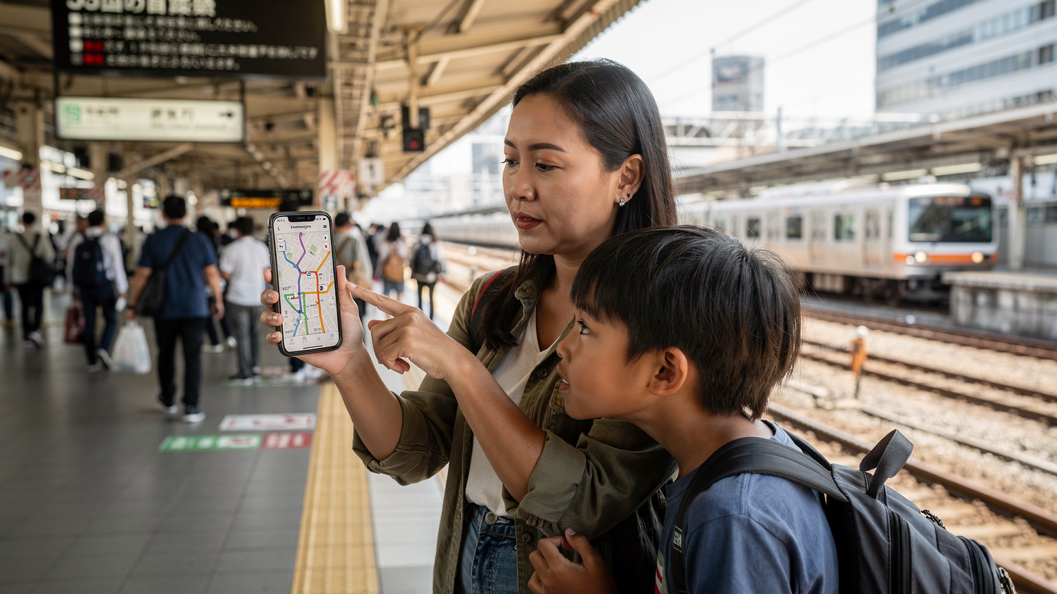 Seorang ibu Malaysia sedang menunjuk arah di peta digital pada telefon pintarnya kepada anak-anaknya di stesen kereta api Tokyo yang sibuk.