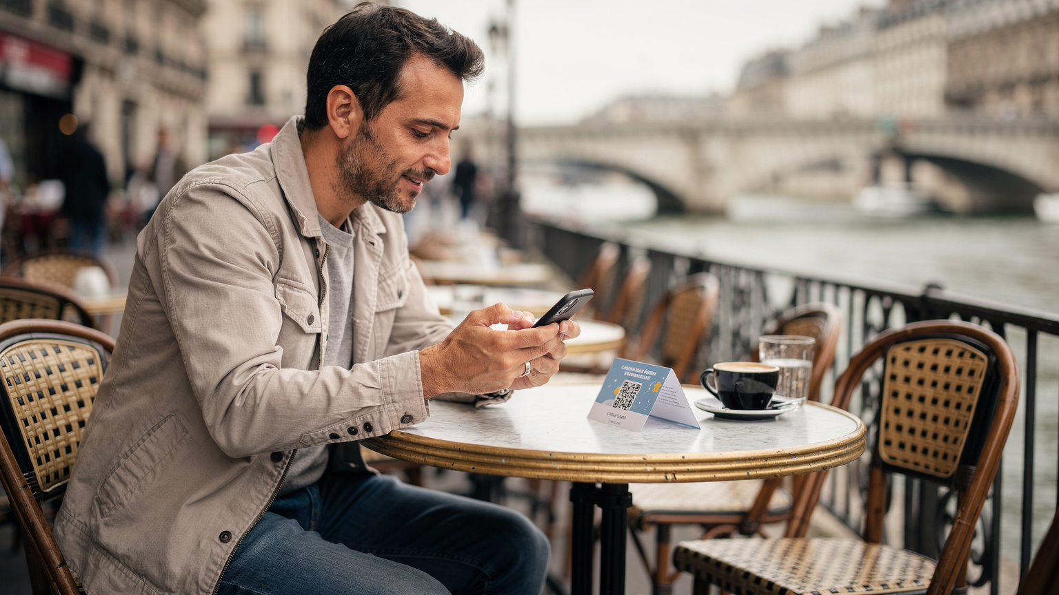 Un tifoso italiano a Parigi utilizza il suo smartphone per scansionare un codice QR e attivare la sua eSIM, seduto comodamente in un caffè.