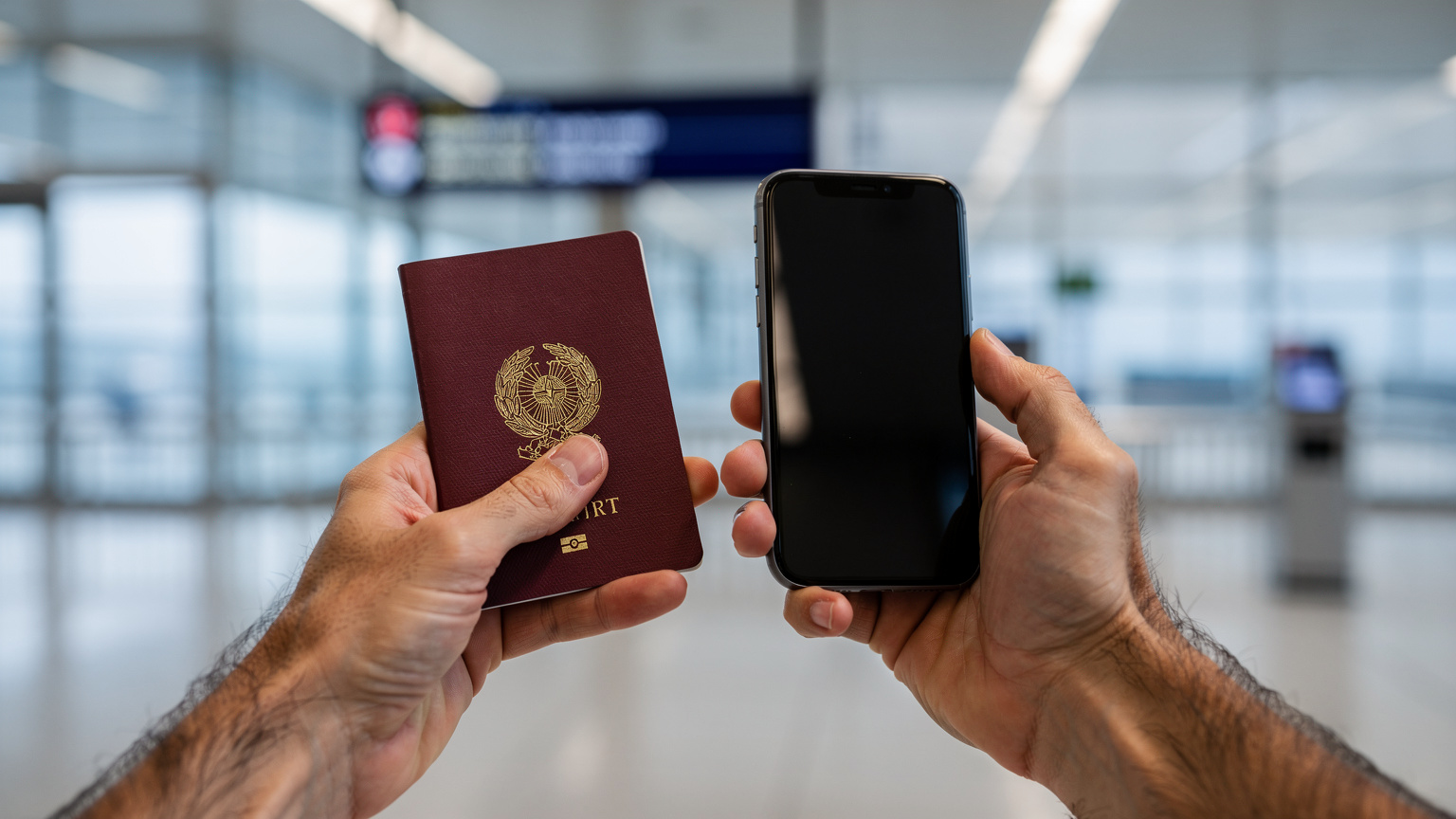 Un primo piano sulle mani di una persona che tiene uno smartphone e un passaporto, con lo sfondo sfocato di un gate d'imbarco all'aeroporto di Malpensa, in partenza per Parigi.