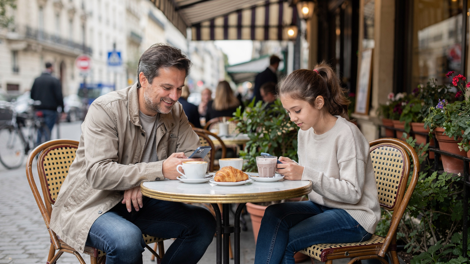 Un padre y su hija sentados en una mesa al aire libre de un café parisino, ambos mirando sus teléfonos móviles con expresiones relajadas, con tazas de café o chocolate caliente y cruasanes en la mesa.
