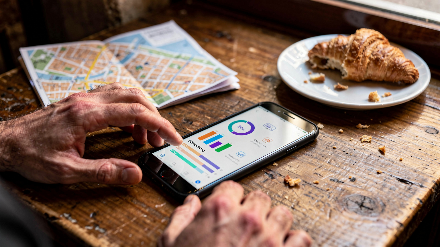 Nahaufnahme eines Smartphones, das eine eSIM-Anbieter-App anzeigt, umgeben von einem Reisepass und einer Karte auf einem Holztisch, was die Verwaltung der Reisedaten symbolisiert.