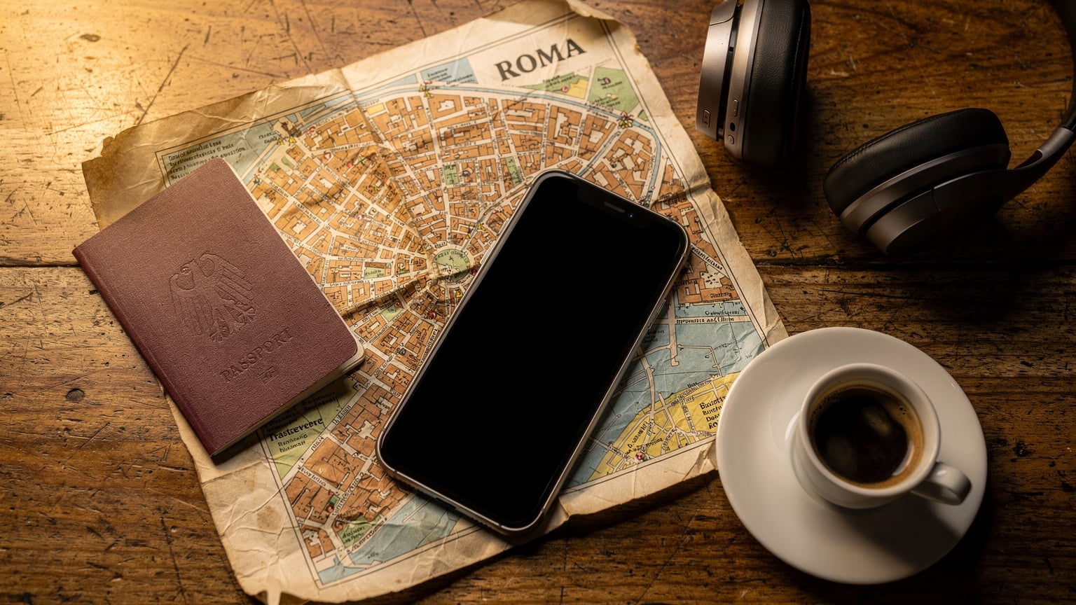 Ein Smartphone liegt auf einem Stadtplan von Rom, umgeben von einem Reisepass, Kopfhörern und einer Tasse Kaffee, was die Planung eines europäischen Städtetrips symbolisiert.